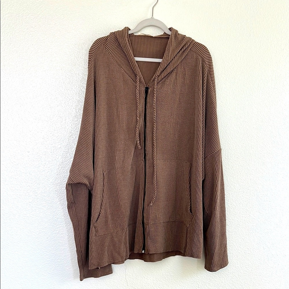 Brown Ribbed Zip-Front Hoodie